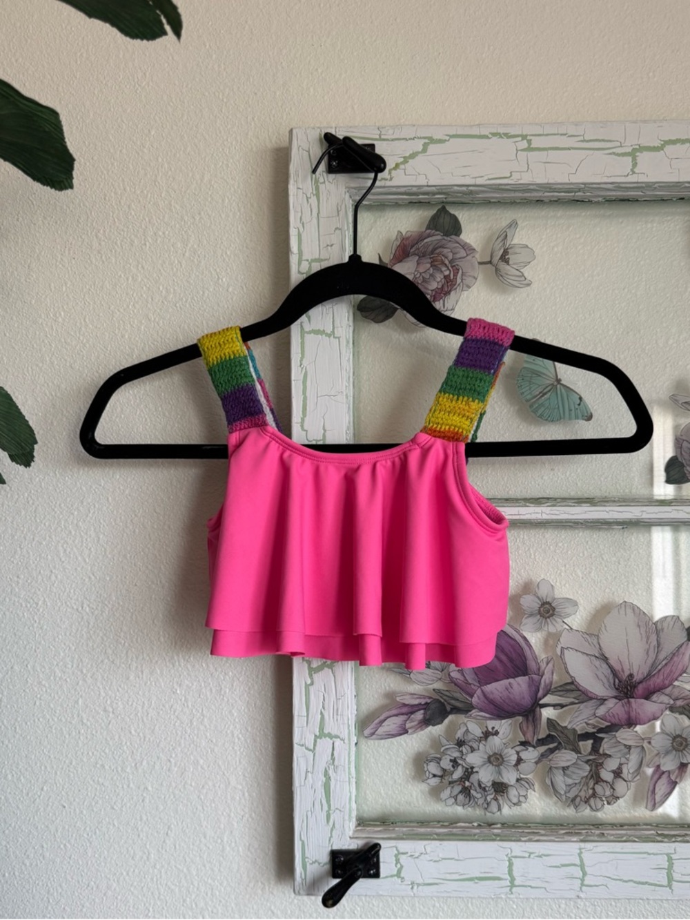 Girls Betsy Johnson Neon Pink bathing suit top with Rainbow Knit Straps